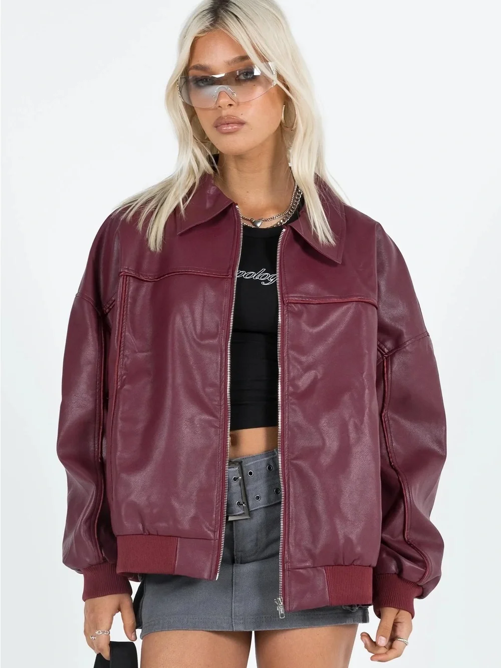 Princess Polly Oversized Burgundy Leather Bomber Jacket - Picture 3 of 3